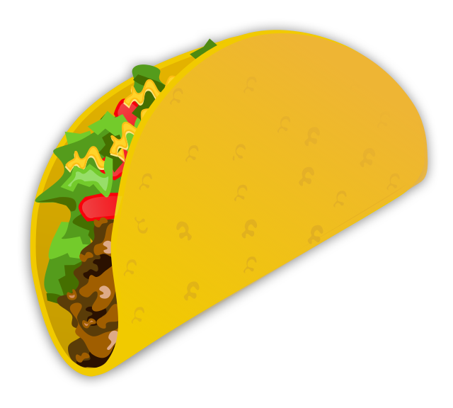 Clip art illustrating the basic contents of an American-style taco: protein, lettuce, tomato, and cheese wrapped in a crispy corn tortilla.