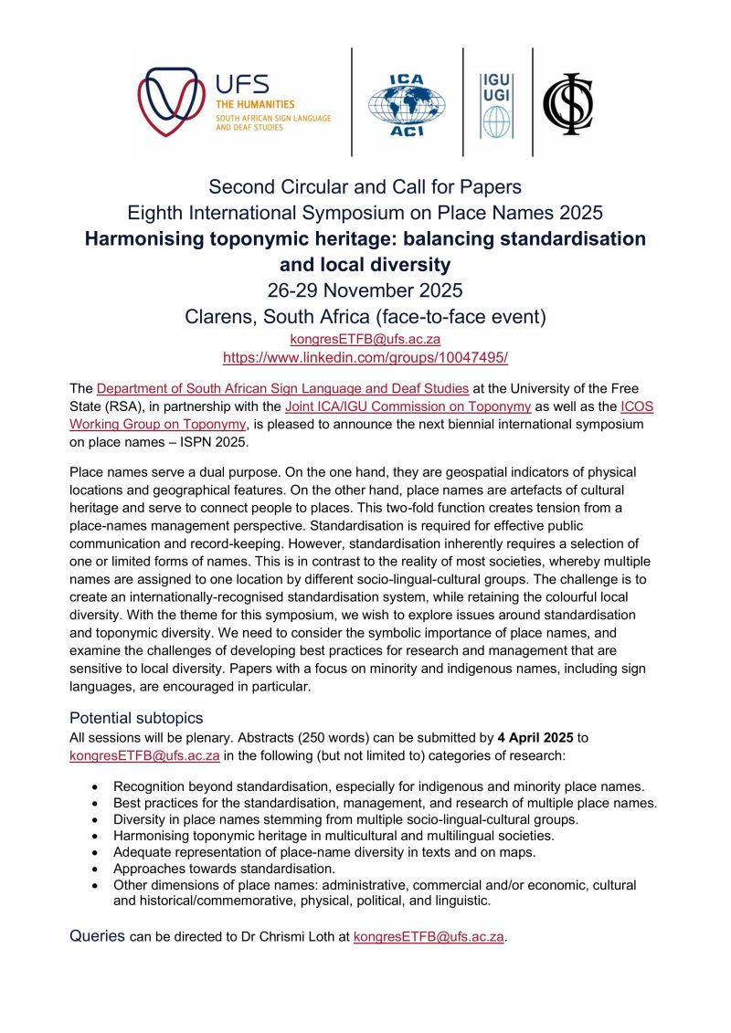 Call for Papers Eighth International Symposium on Place Names 2025 American Name Society